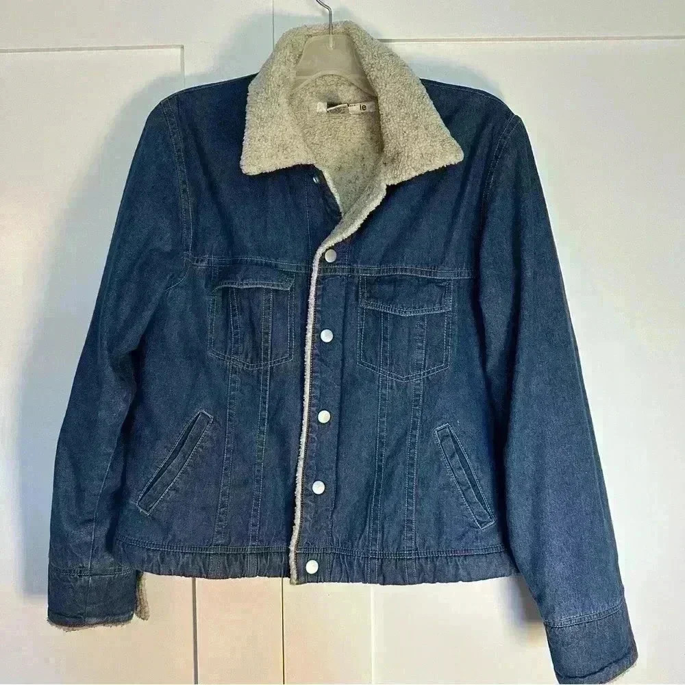 Vintage 90’s Sherpa lined denim jacket coat medium snap closure trucker barn - Picture 3 of 9